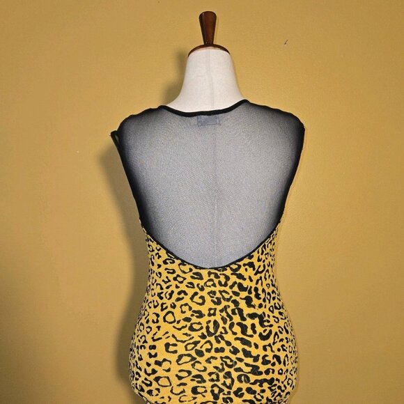 Audrey 3+1 Leopard Print Mesh Plunge Bodycon Mini Dress Yellow Black Clubwear S - Picture 4 of 9